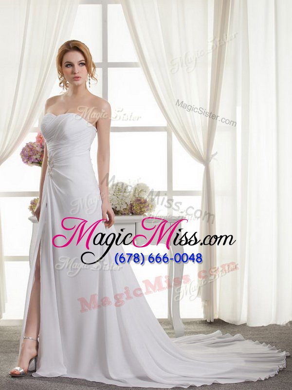 wholesale column/sheath sleeveless white wedding gowns court train lace up