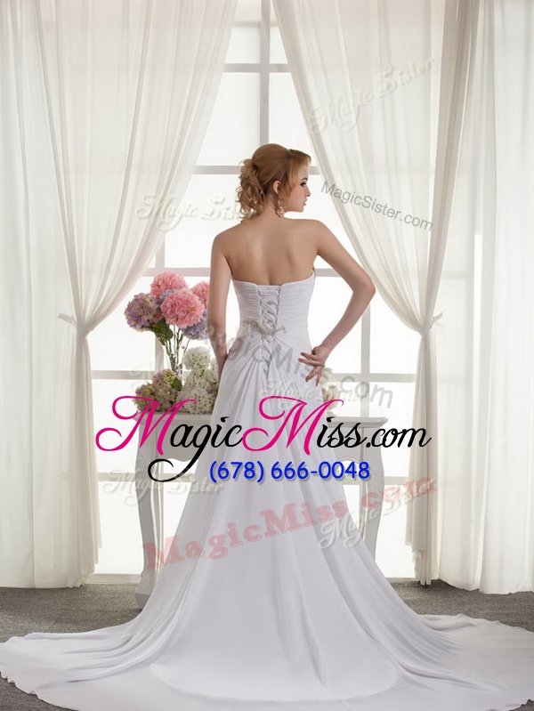 wholesale column/sheath sleeveless white wedding gowns court train lace up