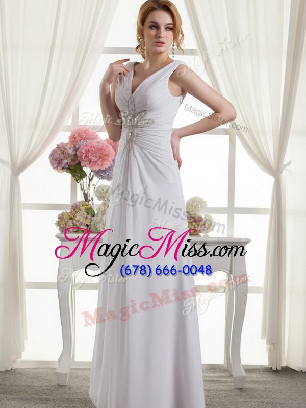 wholesale great v-neck sleeveless wedding gowns floor length beading white chiffon