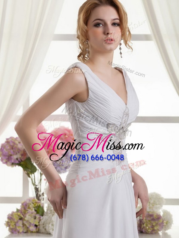 wholesale great v-neck sleeveless wedding gowns floor length beading white chiffon