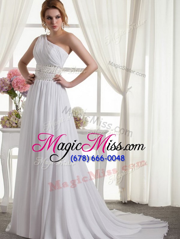 wholesale graceful one shoulder beading and ruching bridal gown white lace up sleeveless brush train