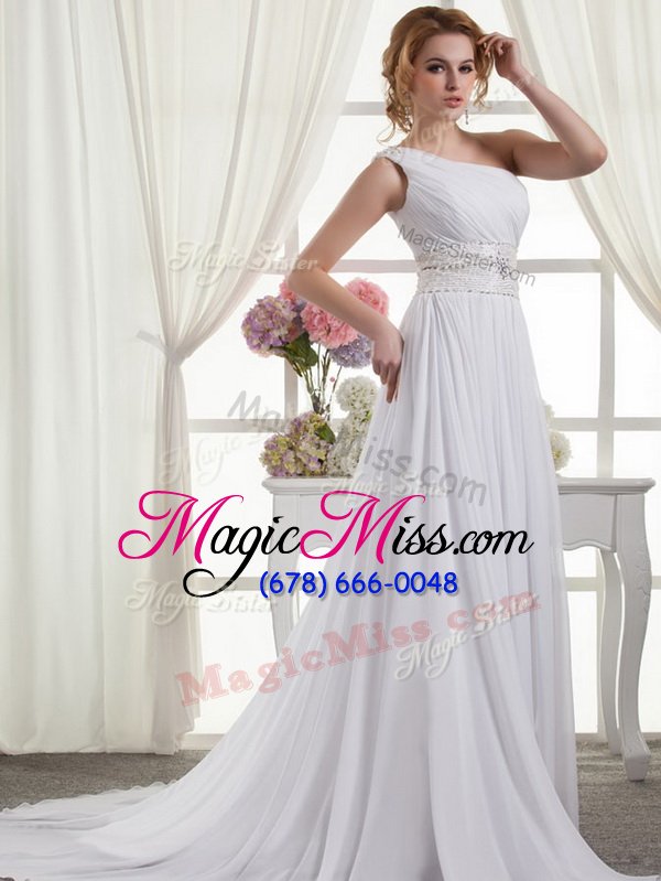 wholesale graceful one shoulder beading and ruching bridal gown white lace up sleeveless brush train