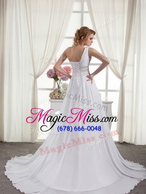 wholesale graceful one shoulder beading and ruching bridal gown white lace up sleeveless brush train