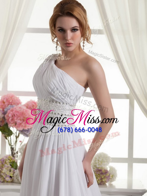 wholesale graceful one shoulder beading and ruching bridal gown white lace up sleeveless brush train