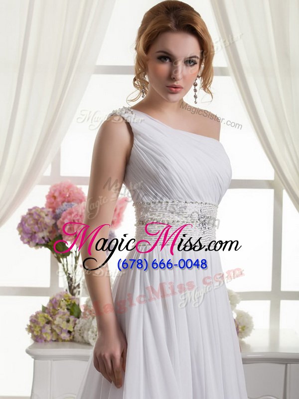 wholesale graceful one shoulder beading and ruching bridal gown white lace up sleeveless brush train