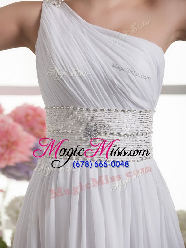 wholesale graceful one shoulder beading and ruching bridal gown white lace up sleeveless brush train