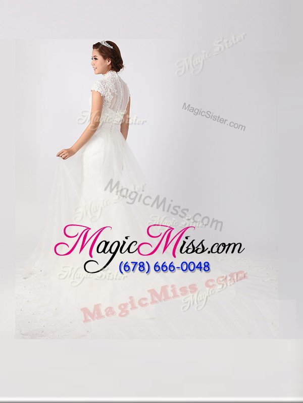 wholesale low price with train white wedding dresses high-neck short sleeves chapel train clasp handle