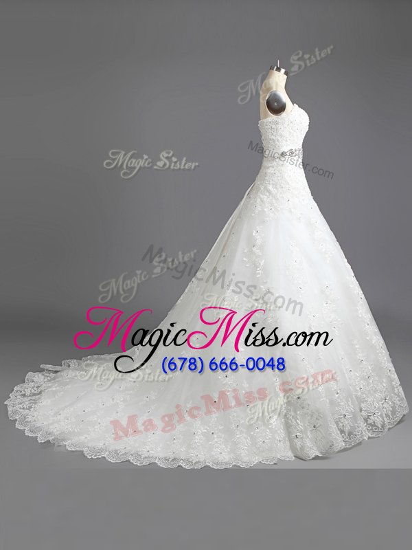 wholesale best white scalloped neckline beading and lace wedding gowns sleeveless lace up