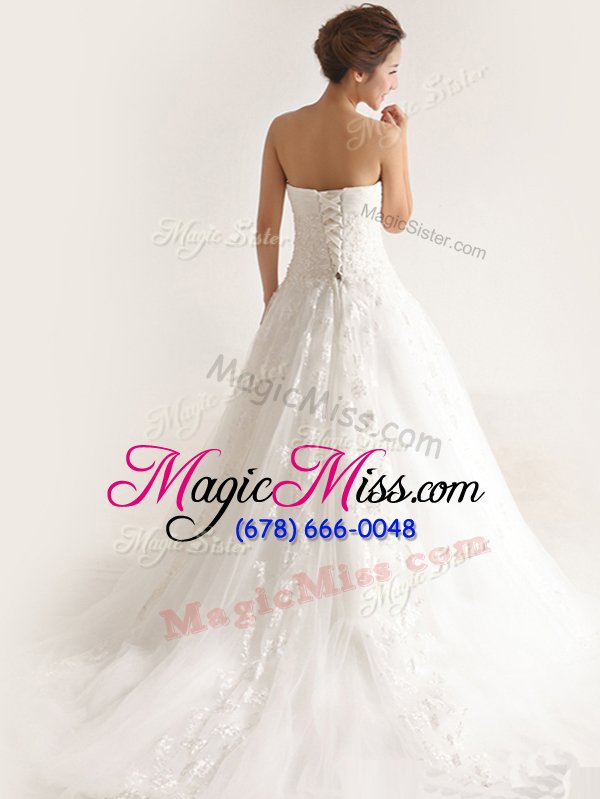 wholesale free and easy white lace up strapless appliques wedding dress tulle sleeveless court train