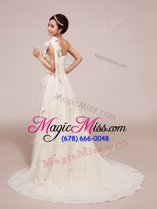 wholesale romantic one shoulder white lace up wedding dress ruching and hand made flower sleeveless with brush train