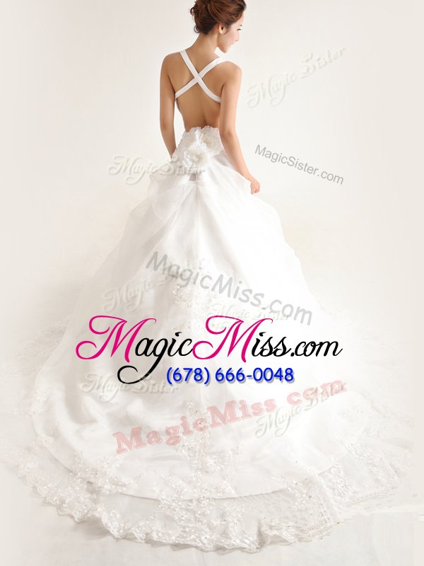 wholesale decent sleeveless brush train criss cross with train lace and appliques and hand made flower wedding dress