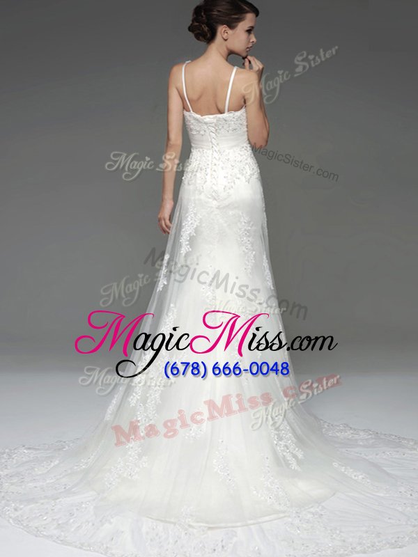 wholesale romantic white straps neckline lace and appliques wedding dresses sleeveless zipper