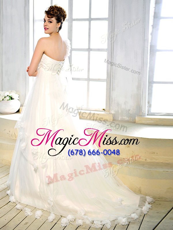 wholesale decent brush train a-line wedding gowns white one shoulder tulle sleeveless with train lace up