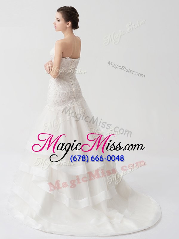 wholesale customized sleeveless brush train beading and appliques and ruffled layers lace up bridal gown