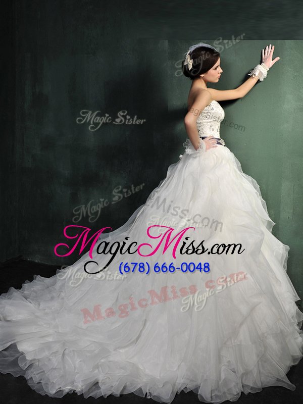 wholesale modest organza sweetheart sleeveless brush train lace up beading and ruffles and belt wedding gown in white