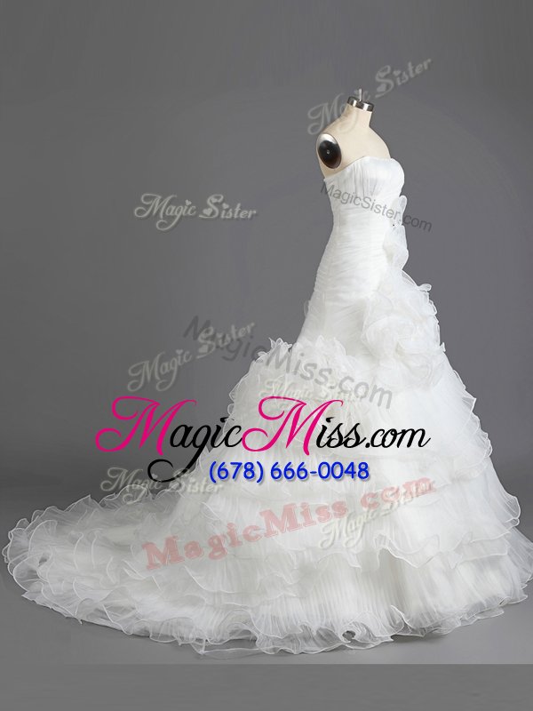 wholesale glittering white organza lace up strapless sleeveless with train wedding dresses court train ruffled layers