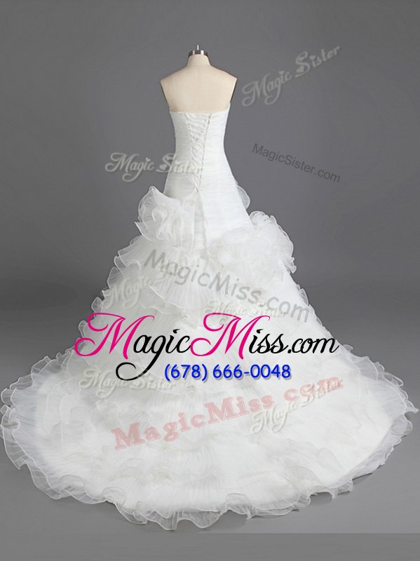 wholesale glittering white organza lace up strapless sleeveless with train wedding dresses court train ruffled layers