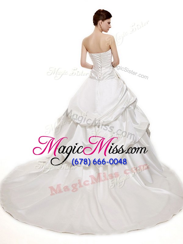 wholesale custom made pick ups white sleeveless satin chapel train lace up wedding dress for wedding party