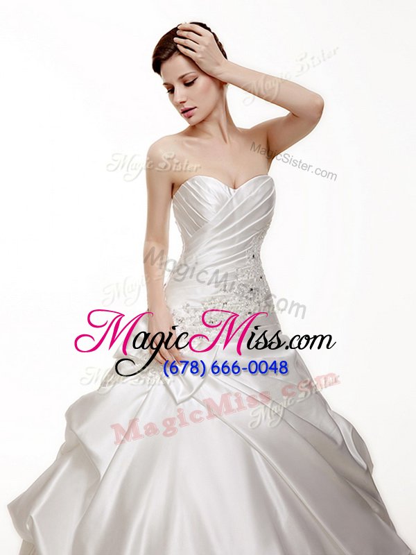 wholesale custom made pick ups white sleeveless satin chapel train lace up wedding dress for wedding party