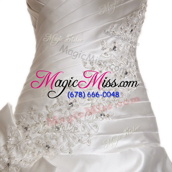 wholesale custom made pick ups white sleeveless satin chapel train lace up wedding dress for wedding party