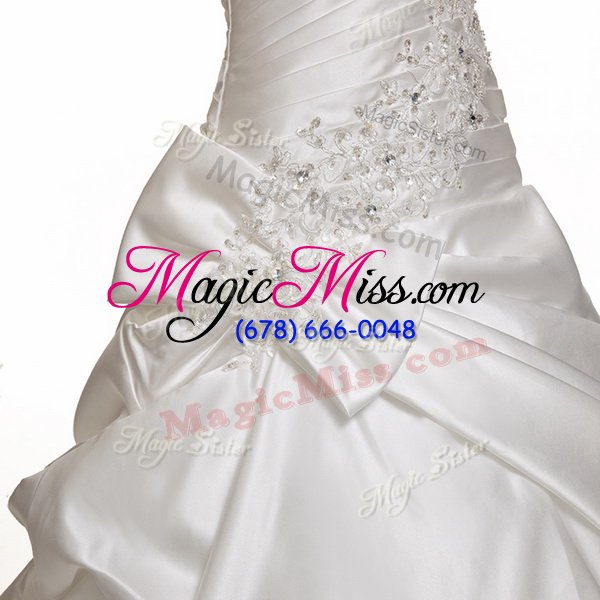 wholesale custom made pick ups white sleeveless satin chapel train lace up wedding dress for wedding party