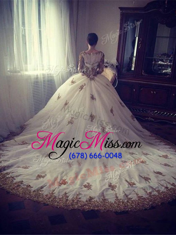 wholesale unique scoop with train ball gowns long sleeves white sweet 16 dress chapel train zipper