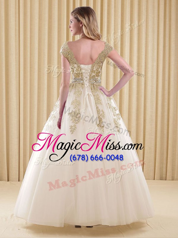 wholesale custom designed scoop floor length ball gowns short sleeves white 15 quinceanera dress lace up