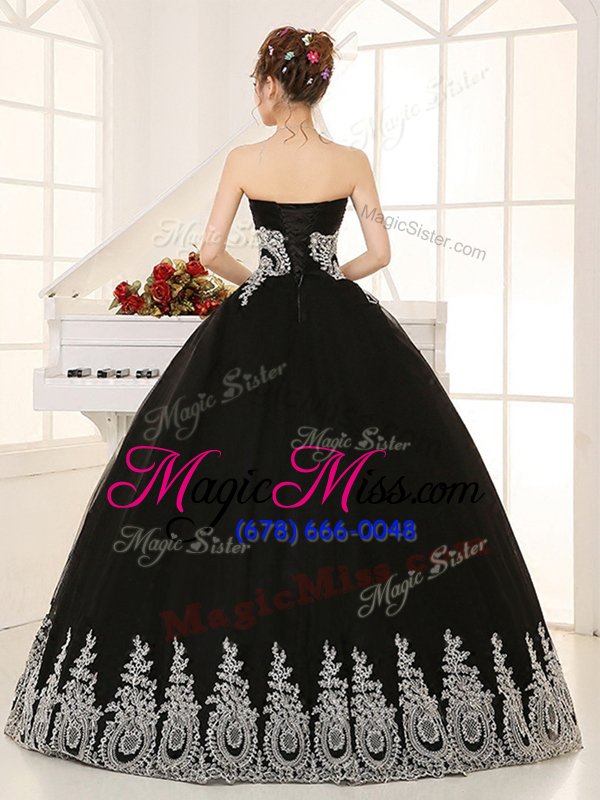 wholesale exquisite black ball gowns beading and appliques quinceanera dress lace up tulle sleeveless floor length