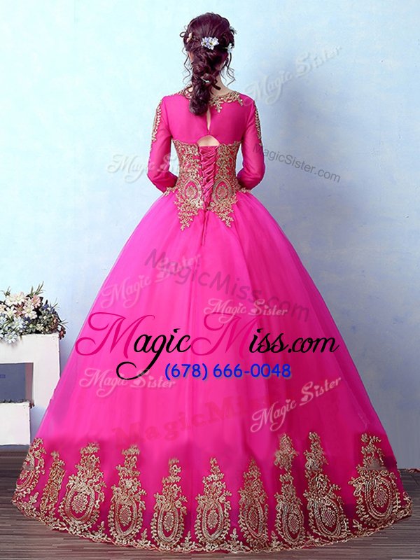 wholesale fashion scoop fuchsia lace up 15th birthday dress appliques long sleeves floor length