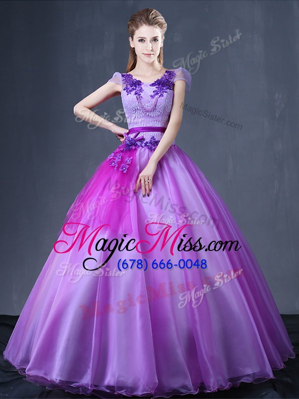 wholesale shining lavender quince ball gowns military ball and sweet 16 and quinceanera and for with lace and appliques v-neck short sleeves lace up