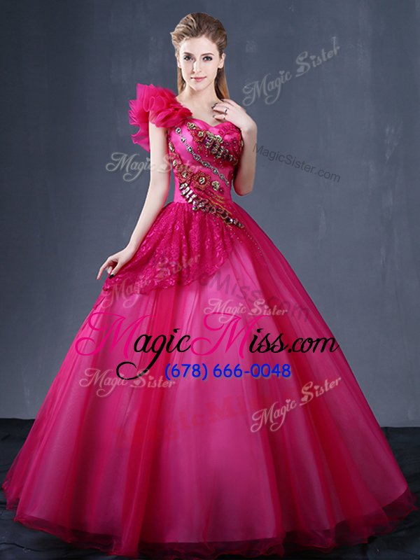 wholesale deluxe one shoulder sleeveless floor length lace and appliques and ruffles lace up quinceanera dress with fuchsia