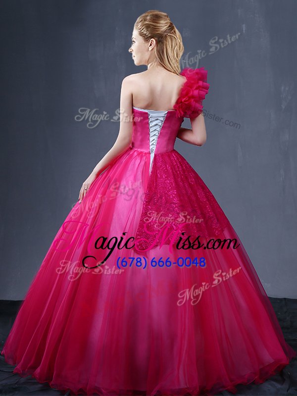 wholesale deluxe one shoulder sleeveless floor length lace and appliques and ruffles lace up quinceanera dress with fuchsia