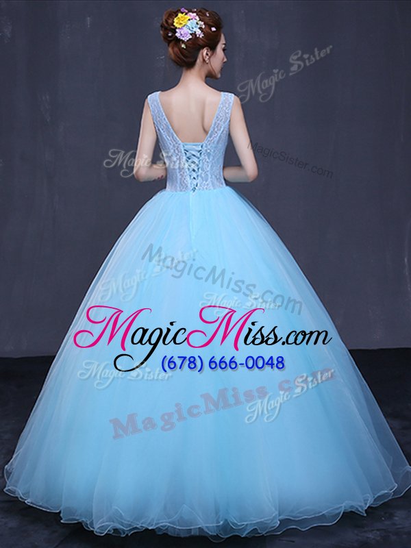 wholesale eye-catching light blue ball gowns lace and appliques vestidos de quinceanera lace up tulle sleeveless floor length