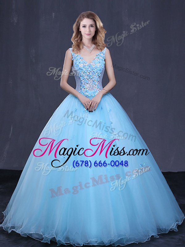 wholesale eye-catching light blue ball gowns lace and appliques vestidos de quinceanera lace up tulle sleeveless floor length