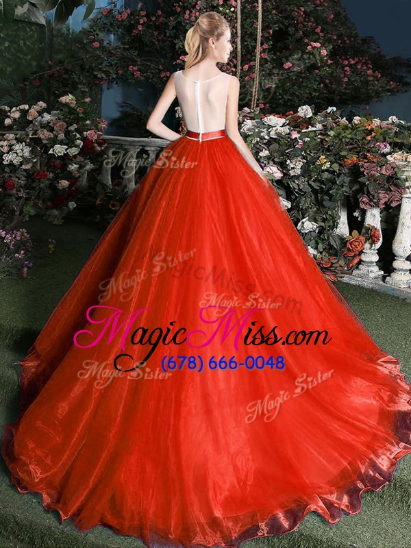 wholesale scoop sleeveless quinceanera dress brush train appliques and belt red organza