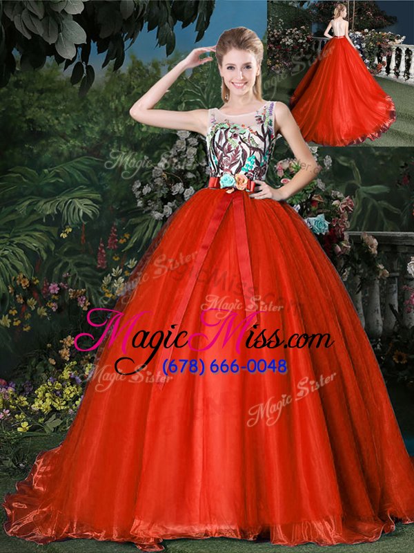 wholesale scoop sleeveless quinceanera dress brush train appliques and belt red organza