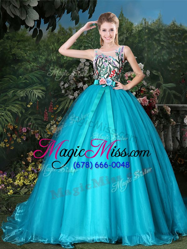 wholesale pretty teal sweet 16 dresses scoop sleeveless brush train zipper