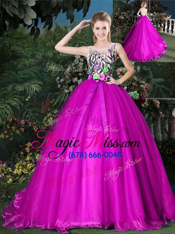 wholesale custom made scoop fuchsia ball gowns appliques and belt 15 quinceanera dress zipper organza sleeveless