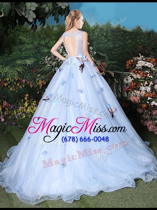 wholesale inexpensive scoop sleeveless brush train appliques lace up sweet 16 quinceanera dress