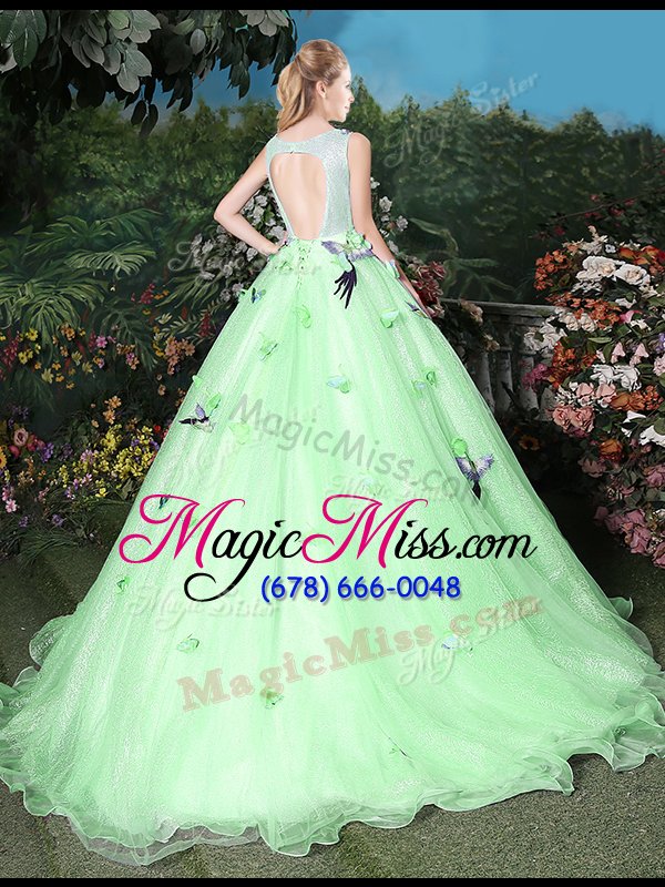 wholesale high class scoop sleeveless organza sweet 16 dresses appliques brush train zipper