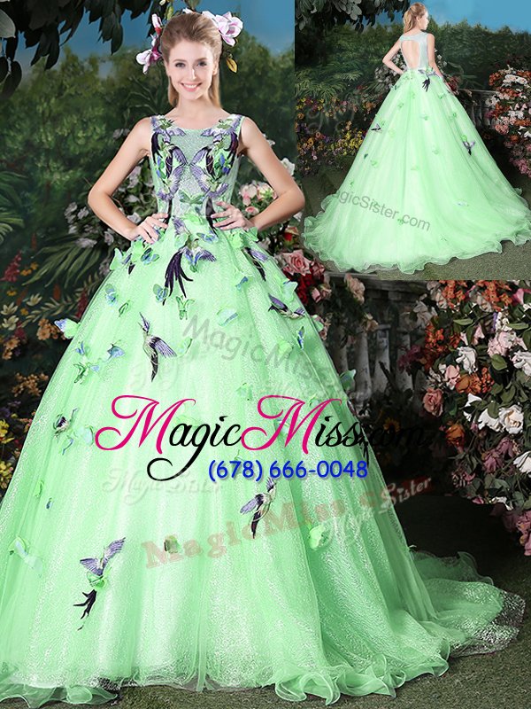 wholesale high class scoop sleeveless organza sweet 16 dresses appliques brush train zipper