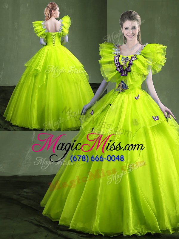 wholesale superior sweetheart sleeveless lace up vestidos de quinceanera yellow green organza