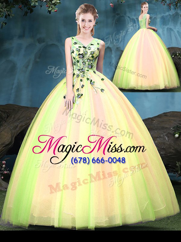 wholesale perfect floor length multi-color vestidos de quinceanera tulle sleeveless appliques