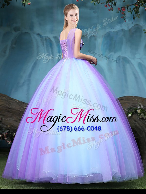 wholesale decent blue and lilac sleeveless tulle lace up quince ball gowns for military ball and sweet 16 and quinceanera