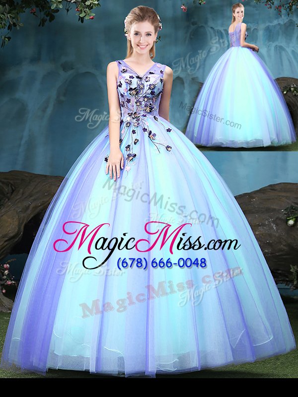 wholesale low price multi-color ball gowns appliques quince ball gowns lace up tulle sleeveless floor length