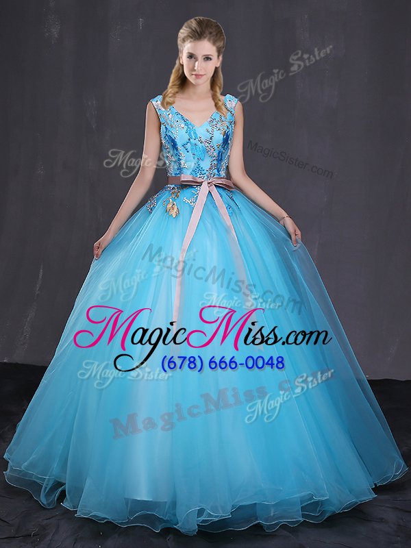 wholesale superior blue sleeveless tulle lace up ball gown prom dress for military ball and sweet 16 and quinceanera