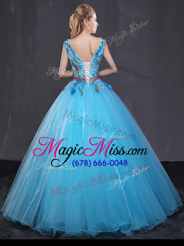 wholesale superior blue sleeveless tulle lace up ball gown prom dress for military ball and sweet 16 and quinceanera