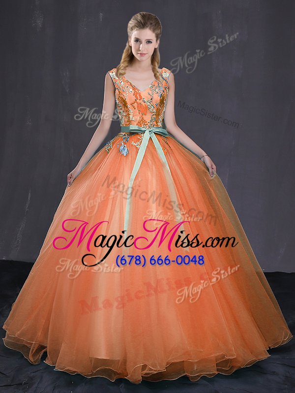 wholesale eye-catching orange sleeveless beading and belt floor length sweet 16 dresses