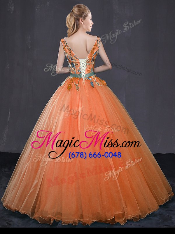 wholesale eye-catching orange sleeveless beading and belt floor length sweet 16 dresses