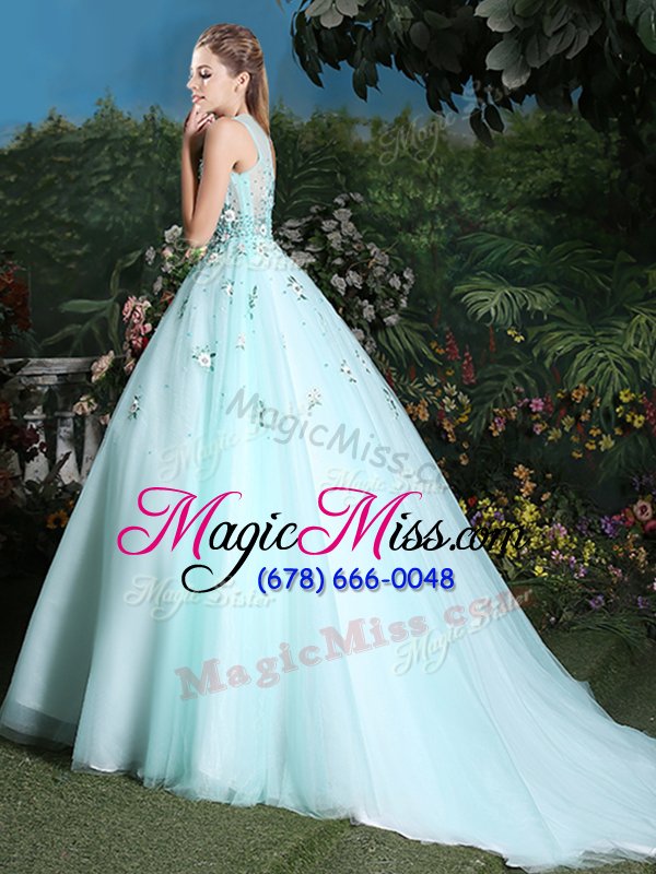 wholesale nice scoop sleeveless beading and appliques lace up vestidos de quinceanera with light blue brush train